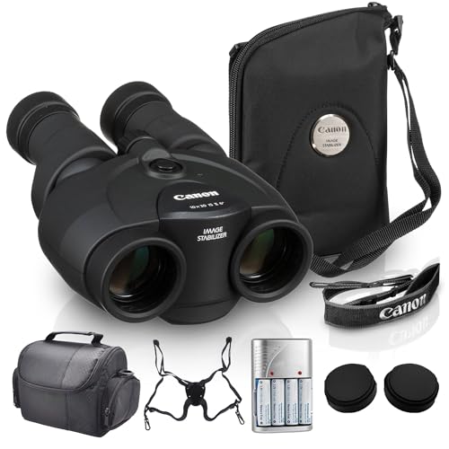 Canon 10x30 is II Image Stabilized Binoculars Bundle | 10x Magnification with Optical Image Stabilization Sharp Optics & Lightweight Design | for Travel & Birdwatching (9525B002) + Harness + More