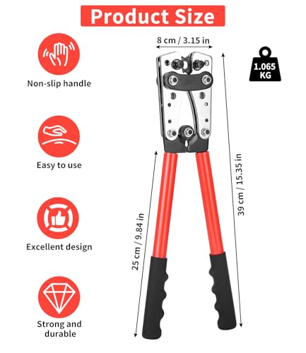 Batteriekabelschuh Crimpzange 6/10/16/25/35/50 mm² Groß Crimpzange 10–1/0 AWG Kabelschuh Zange mit 8 Größen 60 PCS Kupferringklemmen + 60 PCS Schrumpfschlauch，Rot