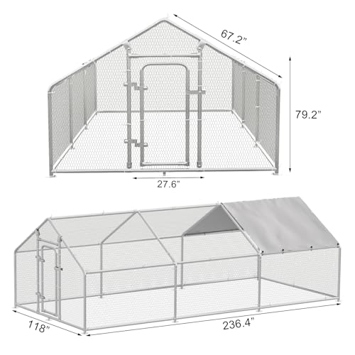 Large Metal Chicken Coop Walk-in Poultry Cage Chicken Run Duck House Rabbits Habitat Cage with Waterproof and Anti-Ultraviolet Cover,for Outdoor,Backyard & Farm (236.4\"L x 118\"W x 79.2\"H, Spire Roof)