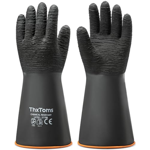 ThxToms Heavy Duty Rubber Gloves, Industrial Chemical Resistant Gloves Waterproof Reusable Protective Work Gloves for Cleaning, Dishwashing,Upgraded with Non-Slip Design, Black, 14