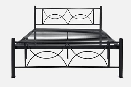 Image of Luno Metal Queen Size Bed Without Storage | Wrought Iron Double Bed with Headboard & Footboard | Sturdy Powder Coated Platform Bed Queen Size Cot for BedroomLivingRoom Black (75x60)