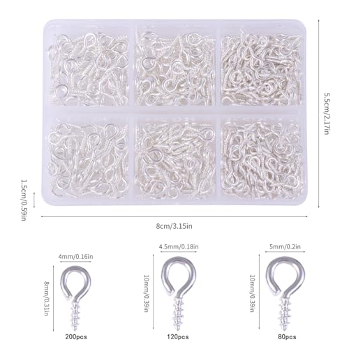 UUYYEO 400 Pcs 3 Sizes Small Jewelry Screw Eyes Earring Making Eye Pins Threaded Metal Eye Hooks Small Craft Eyelets Eye Hook Screws Self Tapping Screw Eye Hooks with Storage Box Silver