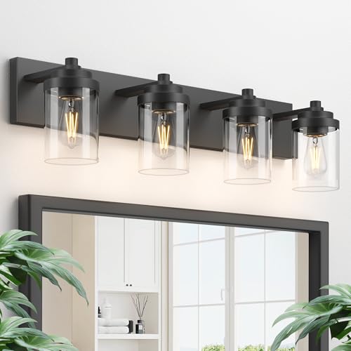 Image of Bathroom Vanity Light Fixture, 4-Light Modern Black Vanity Light Fixtures with Clear Glass Shade, Matte Black Bathroom Light Fixtures Over Mirror, Rustic Restroom Lighting Fixtures