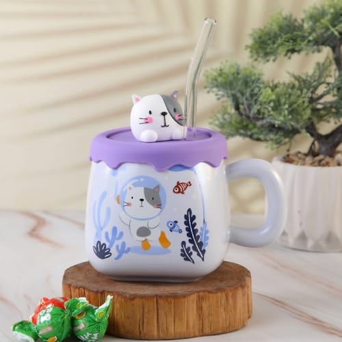 Image of Coffee Mug, Gift for Woman, Birthday Present for Girlfriend, Present for Wife Birthday, Mugs for Present, Holi Gifts, Panda Mug with Lid & Spoon Kids Milk Mug (Cat With Sea Fishes Purple)