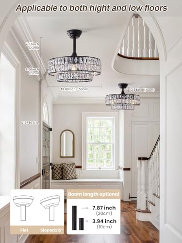 Image of 20 inch Black Fandelier Ceiling Fan with Light, Black Crystal Chandelier Ceiling Fans with Light, Mid Century Rustic Remote Control, Semi Flush Mount Caged with 6 Speed for Living Room Bedroom Nursery