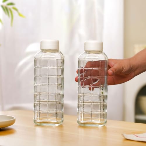 Image of Nestasia Glass Water Bottle Set of 2 (720ml Each) | Grid-Embossed Leakproof Glass Bottle Set with Cap for Juice, Milk, Detox Water, Office & Daily Use | Transparent & Durable Fridge Water Bottle