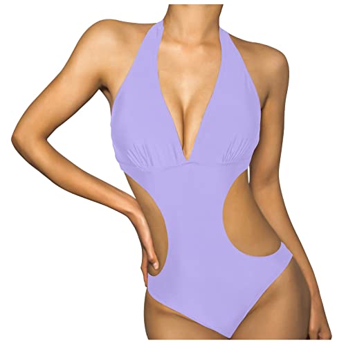 GOKOMO Neckholder Einteiler Badeanzug Damen Sexy Bustier Bikini mit Taillenausschnitt Strandbikinis Elegant Cutout Triangel Monokini Bauchweg Einteilige Swimsuit High Cut Bademode(XL,Lila) Cover