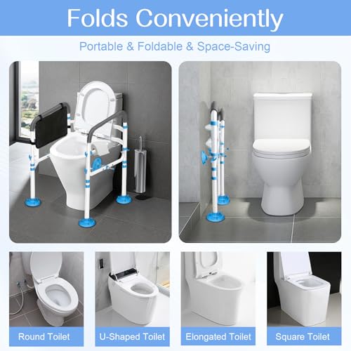 KingPavonini Toilet Safety Rail (350 LB) - Adjustable Foldable Toilet Safety Frame for Elderly and Disabled - Stand Alone Toilet Rails for Seniors with Storage Bag & Paper Holder - Fits Most Toilets