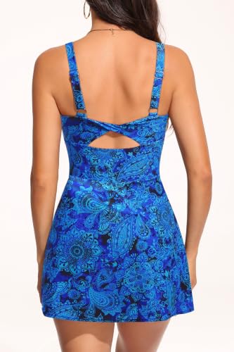 Image of One Piece Swimdress Tummy Control Swimsuit Modest Bathing Suit with Shorts | Elegant V neck swim dress, Flowy A-line design with skirt, Built-in boy shorts with side pocket, Removable padded cups