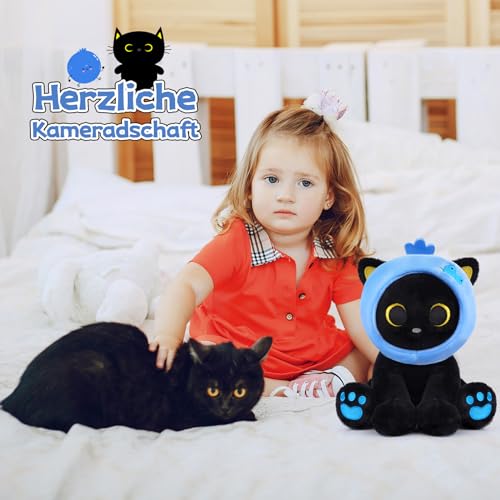 MUFEIRUO Schwarze Katze Plüschtier mit Blaubeer-Kopfhaube,Katze Plüsch Stofftier mit Abnehmbare Kapuze,Kuscheltier Geschenk zum Geburtstag,Halloween,Weihnachten
