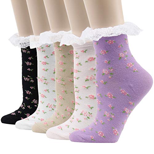 Image of KitNSox Funcat Women's Lace Ruffle Frilly Colorful Floral Cotton Casual Novelty Ankle Socks 4 /5 /6 Pairs