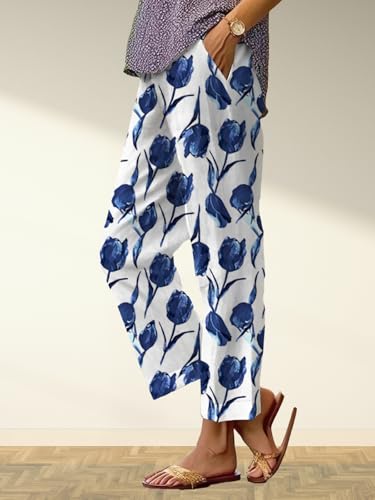 Womens Boho Floral Pants Straight Leg High Waist Trousers with Pockets Summer Casual Elastic Loose Pants for Beach2