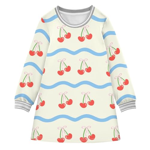 Cherry with Bow Girls Dresses Long Sleeve Sweatshirt Dress for Girls Winter Toddler Casual A Line Dresses Size 2-8T