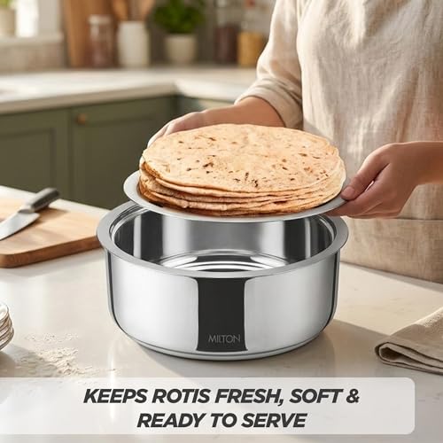 Image of MILTON Castella II Stainless Steel Roti Casserole | Double-Walled Insulated Food Server | Easy-to-Carry Hot Box for Kitchen | Chapati, Paratha Storage | Serving Casserole with Glass Lid | 2500 ml, Silver