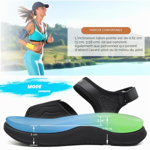 ONCAI Sandales Femmes 2025,Soutien voûte Randonnée Orthopédique Extérieur Semelles Pour Fasciite Plantaire Sport Nautique Plateforme avec 3 Sangle Réglables Noir Taille 40 – vue 6