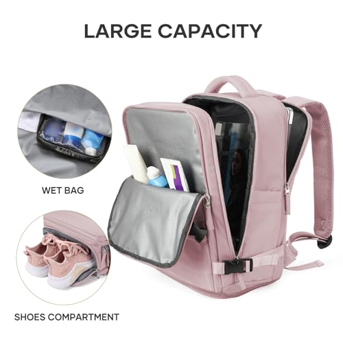 Image of coowoz Large Travel Backpack For Women Men,Carry On Backpack Flight Approved,Hiking Backpack Waterproof Outdoor Rucksack Casual Daypack Fit 15.6 Inch Laptop Shoes Compartment (Pink Purple-L)