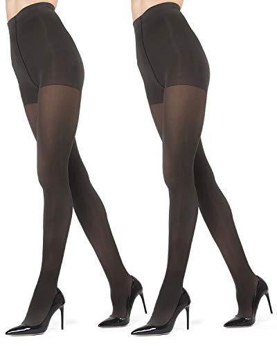 Memoi 2 Pairs Women's Perfectly Opaque Control Top Microfiber Tights Black S-M #TOP7
