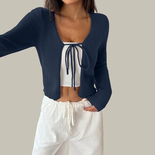 Women Tie Front Knit Crop Cardigan Long Sleeve Open Front Solid Slim Fit Basic Causal Crop Cardigan Sweater3