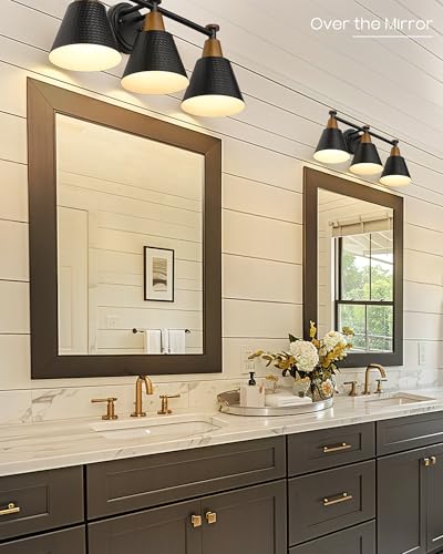 Image of FEMILA Black Bathroom Light Fixtures, 3-Light Bathroom Vanity Lights Over Mirror with Hammered Metal Shade, Modern Wall Lamp for Kitchen Bedroom Living Room,4FG59B-3W BK