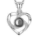 Hantaostyle I Love You Necklace, 925 Silver 100 Languages Projection on Round Onyx Pendant Loving Memory Collarbone Necklace(925 silver heart-shaped silver)