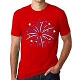 IFQ USA Shirt for Men American Fireworks Patriotic Print T-Shirt 4th of July Crewneck Tee Red