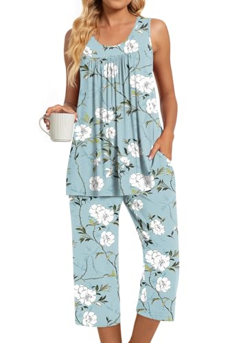 Image of TAOHUADAO Womens Summer 2 Piece Pajama Sets, Sleeveless Tops with Capri Pants, Lounge Ladies Pjs Sets with Pockets