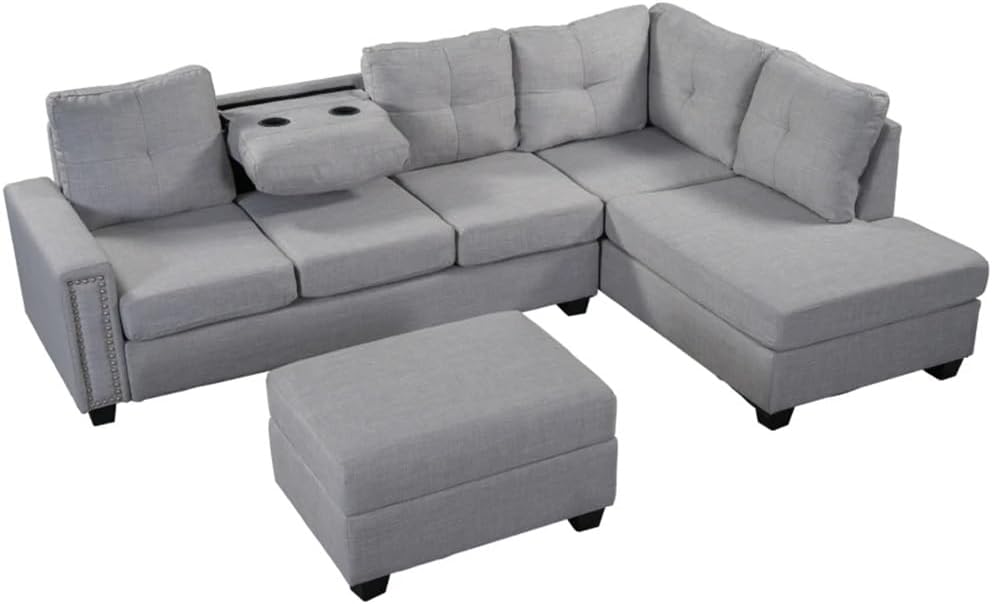 L-Shape Sectional Sofa,Reversible Sectional Sofa with Storage Ottoman Rivet Ornament, for Large Space Dorm Apartment