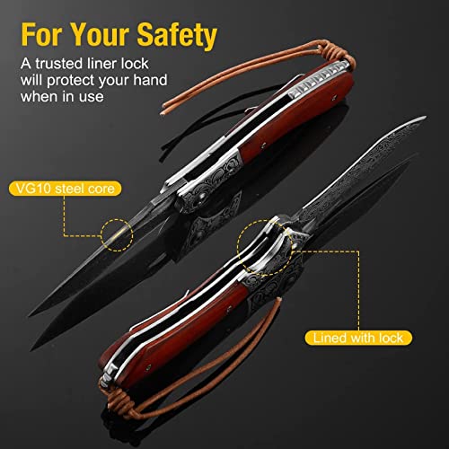 Damascus Pocket Knife For Men, Augenweide Damascus Steel Pocket Knife With Clip And Sheath, Handmade Real Ddamascus Steel Folding Knife, Gifts For Father's Day, Valentine's Day A-(Knife With A Leather Sheath) #TOP3