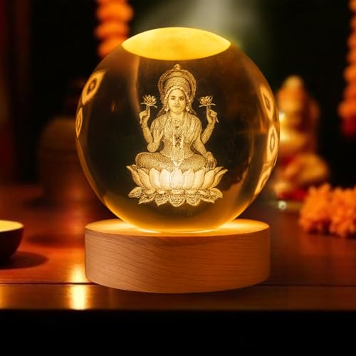 Image of One94Store 3D Crystal Ball Night Lamp - Engraved Goddess Lakshmi LED Light, USB-Powered Table Lamp with Wooden Base, Elegant Home & Office Decor, Bedroom, Anniversary, Birthday Gift (Warm White)