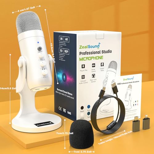 zealsound USB Mikrofon, Podcast Mikrofon für PC, iPhone & Handy, Perlweiß – Ansicht 7