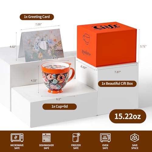 Taza grande de cerámica con tapa, 450 ml, diseño floral miniatura 4