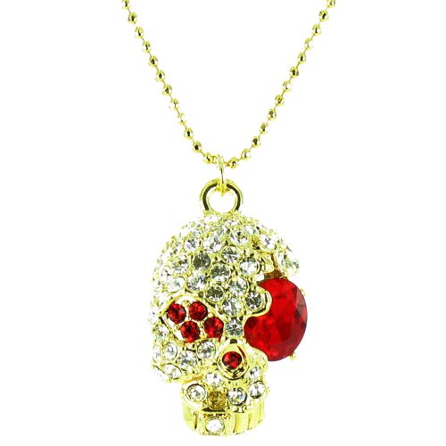 Collar de calavera dorado con colgante de cristal transparente y rojo