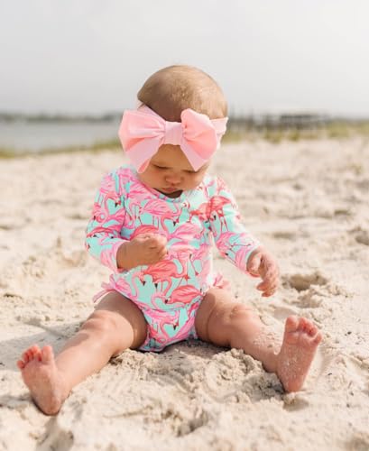 Image of RuffleButts Baby Girls UPF 50+ Sun Protection Floral Printed Long Sleeve One Piece Rash Guard Swimsuit with Zipper