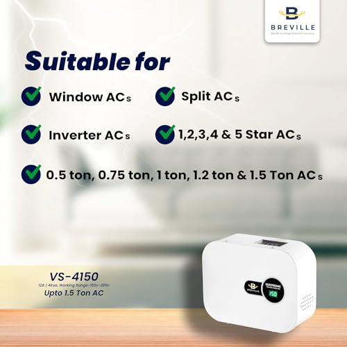 Image of Breville 4kVA Digital Voltage Stabilizer Upto 1.5 Ton AC | 150V-285V | Digital Display | Low & High Voltage Protection for Inverter, Split & Window AC | 3-Year Warranty (White)