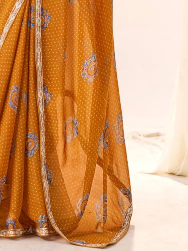 Image of AKHILAM Women's Bandhani Printed Chiffon Saree with Blouse