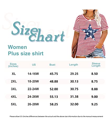 Tiyomi Womens Plus Size Tunic Tee Short Sleeve Round Crew O Neck Tee Shirt Blue Stars Red Stripes T-Shirt American Flag Usa Casual Loose Fit Shirt Blue Red 5Xl 26W 28W #TOP3