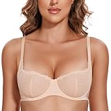 Wingslove Women's Sexy Lace Bra Mesh Balconette See Through Bralette Half Cup Sheer Bras Unlined Underwire Suppport (Nude,34B)