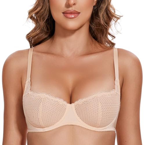 Wingslove Women's Sexy Lace Bra Mesh Balconette See Through Bralette Half Cup Sheer Bras Unlined Underwire Suppport (Nude,34B)