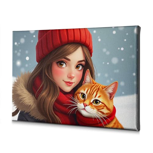 Assiette décorative toile fille au chapeau rouge chat 30x40 cm