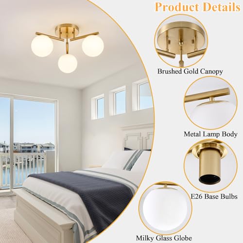 Image of 3 Light Brass Sputnik Ceiling Light Fixture, Globe Semi Flush Mount Ceiling Light, Brass Gold 21.65 '' Milky Glass Globe Mid Century Modern Light for Bedroom Hallway Living Room
