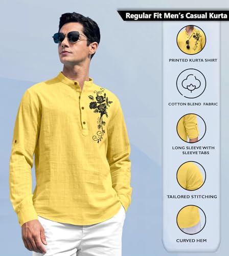 Image of Zombom Men's Cotton Polyester Blend Mandarin Collar Self One Design Printed Full Sleeve Casual Short Kurta Shirt