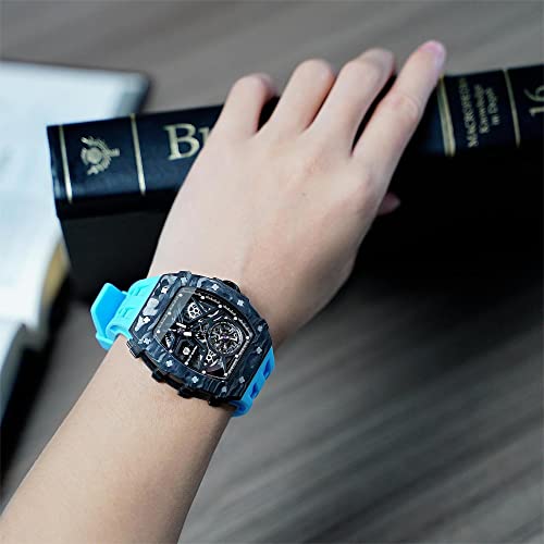 Image of TSAR BOMBA Men's Automatic Watch Tonneau Luxury Skeleton Watches for Men Mechanical 50M Waterproof Analogue Watches Mens Unique Cool Square Big Face Dial Wristwatch with Silicone Strap Band