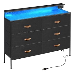 47.2″ W Black Dresser for Bedroom with Charging Station and LED Lights, 6 Drawers Dresser, Wide Fabric Dressers for Closet, Bedroom, Hallway Entryway,Wood SFD001HV1