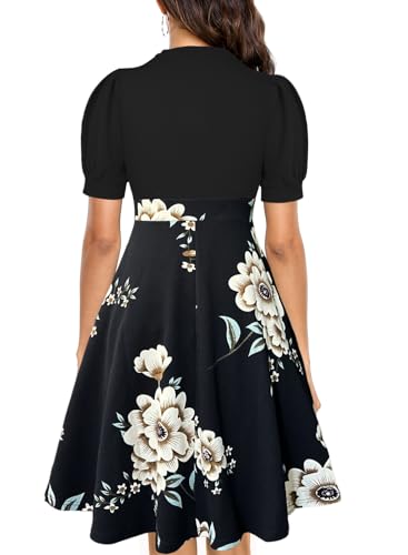 Image of Mokayee Womens Summer Short Puff Sleeve Casual Semi-Formal Fit and Flare Church Wedding Guest Work Dresses with Pockets