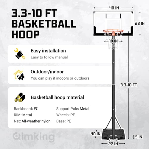 Aimking Basketball Hoop Outdoor 3.3-10FT 5s-Rapid-Adjustable, 40 inch Shatterproof Backboard Enlarged Base, Portable Basketball Hoop Goal Gift for Kids/Teenagers/Youth in Backyard/Driveway/Indoor - Thumbnail 6
