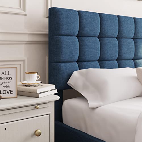 Yaheetech Queen Size Upholstered Platform Bed, Mattress Foundation With Height Adjustable Tufted Headboard And Wood Slat Support, No Box Spring Needed, Easy Assembly, Navy Blue #TOP3