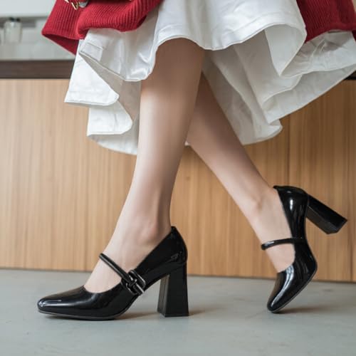 Women's Mary Jane Heels Square Toe Chunky High Block Pumps Mary Jane Closed Toe Heels Comfort for Work Dress Wedding Shoes2