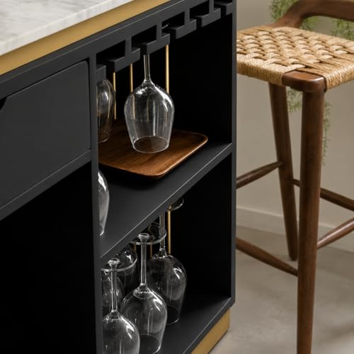 Image of The Attic Carlston Bar Cabinet for Home, Hard and Soft Drinks Bar Storage Cabinet, Wine Whisky Scotch, Solid Mango Wood, Black Matte Finish with Ceramic Marble Top
