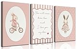 3Pcs Bunny Nursery Canvas Wall Art Pink Baby Girl Nursery Wall Decor Pictures Cute Rabbit Posters Prints for Toddler Girl Room Playroom Bedroom Home Decoration 16x24in