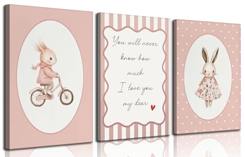 3Pcs Bunny Nursery Canvas Wall Art Pink Baby Girl Nursery